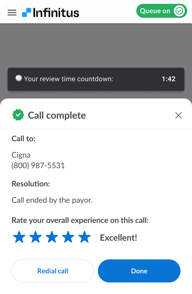 Call complete screen with resolution, operator self-rating, and redial option