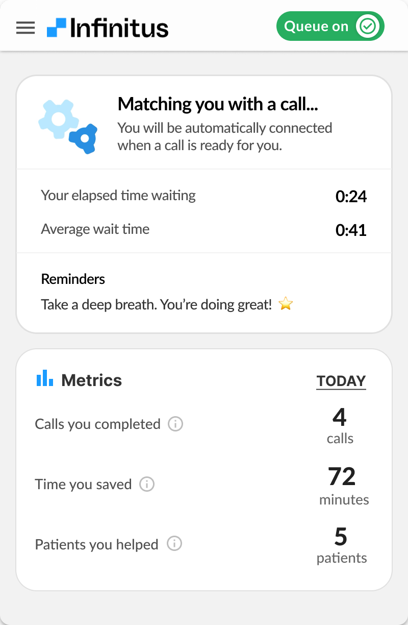 AI Copilot waiting state, auto-matching the operator with a call from the team queue
