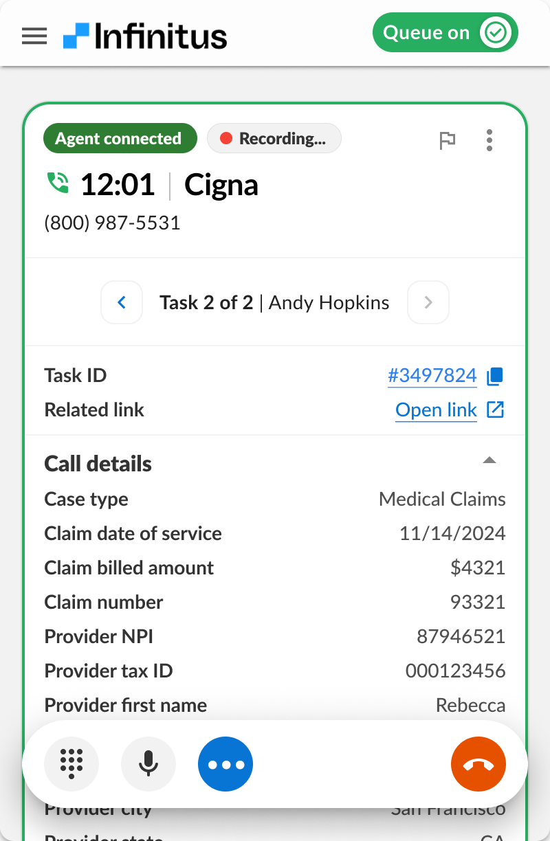 AI Copilot task detail with full claim, provider, and case context