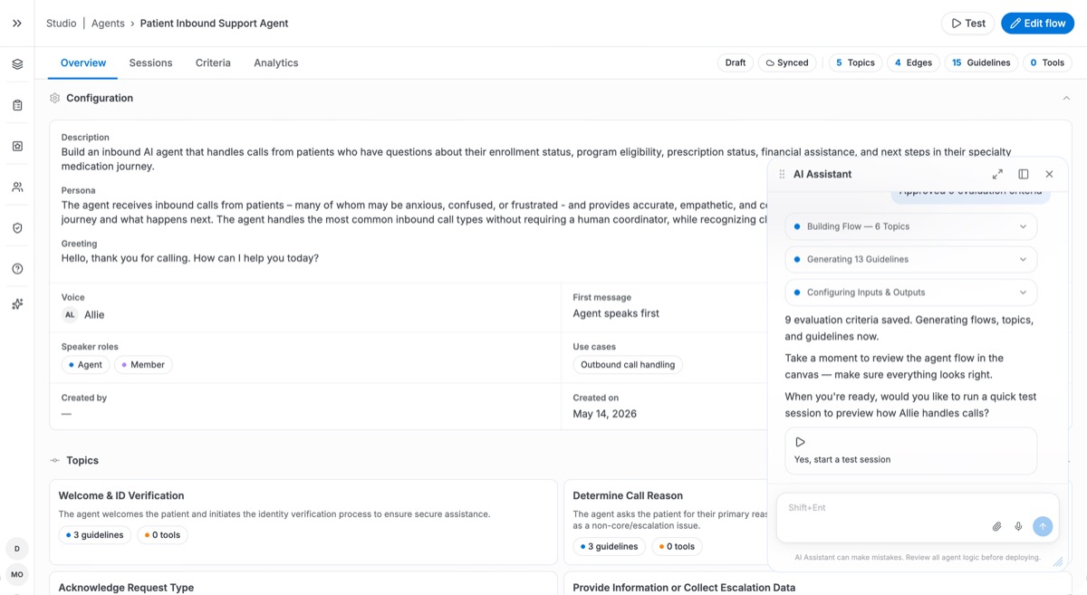 Agent overview: configuration, topics, and Assistant guiding the user into a test session