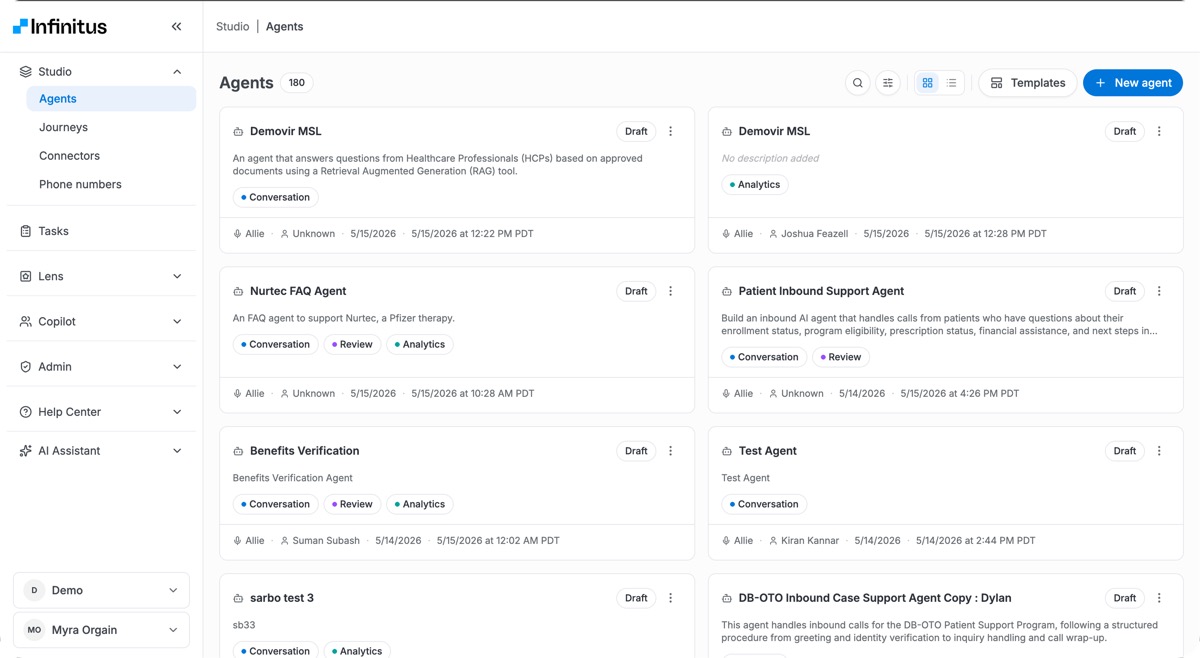 Studio Agents library: 180+ agents with status, channel, and owner