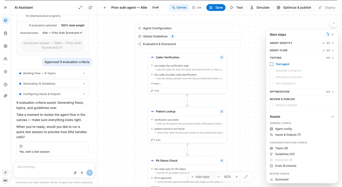 Studio Build canvas: AI Assistant generating topics and guidelines for a prior-auth agent