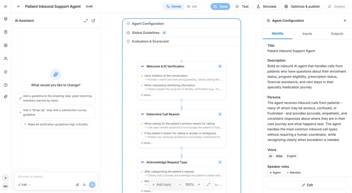 Studio canvas: Welcome & ID Verification, Determine Call Reason, Acknowledge Request Type topics with Agent Configuration on the right