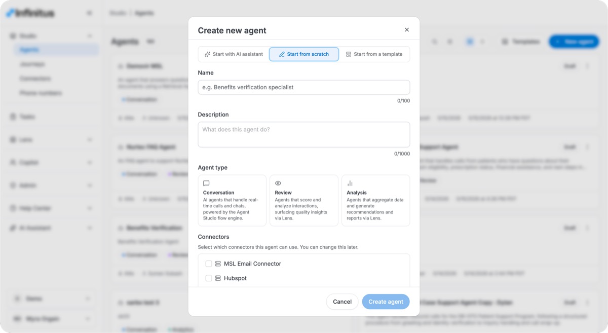 Create new agent: start with AI Assistant, from scratch, or from template