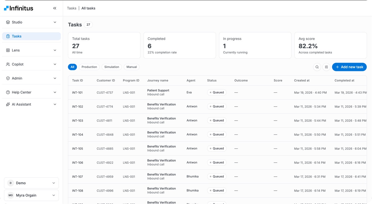Tasks dashboard: every production run with status, score, and customer