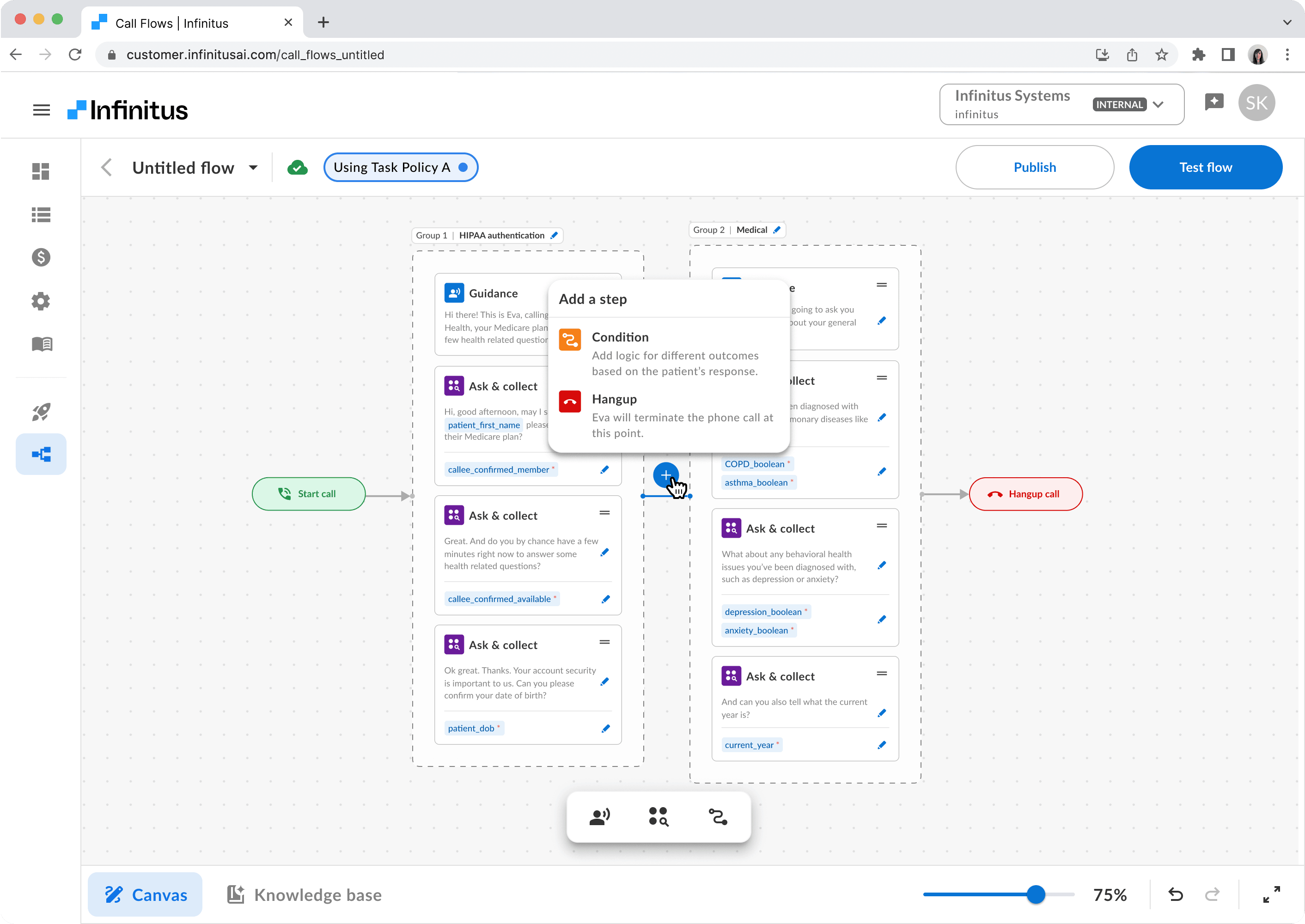 V1 Studio canvas: Guidance, Ask & collect, Condition, Hangup blocks