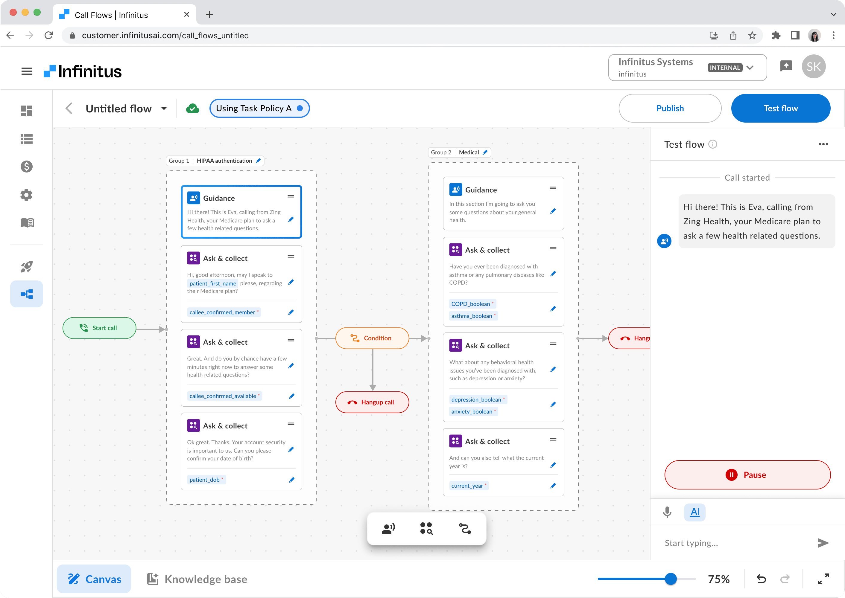 V1 Studio live test panel: interact with the agent in-canvas